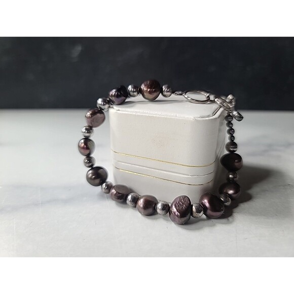 925 Sterling Silver Pearl & Silver Beaded Adjustable Bracelet Vintage - Picture 4 of 10